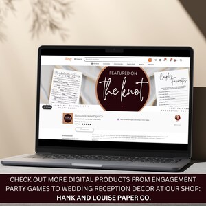 May include: A laptop screen displaying an Etsy shop page for printable bachelorette party games. The shop is called "Hank and Louise Paper Co." and features a game called "Bachelorette Party Mad Libs". The shop is also featured on "The Knot" and has a five-star rating.