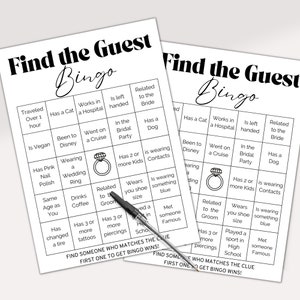Vind de gastbingo afdrukbare game | Minimalistische vrijgezellenfeestactiviteit | Bingokaarten direct downloaden | Verlovingsfeest | Trouwspellen