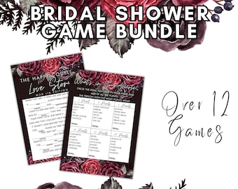 May include: A printable bridal shower game bundle with a dark background and floral accents. The bundle includes over 12 games, including "The Happy Couple Love Story Mad Lib Edition" and "What's in Your Purse".