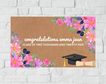 Plantilla de pancarta de graduación floral: Lazos femeninos, Clase de 2025 (Descarga digital, editable en Canva)
