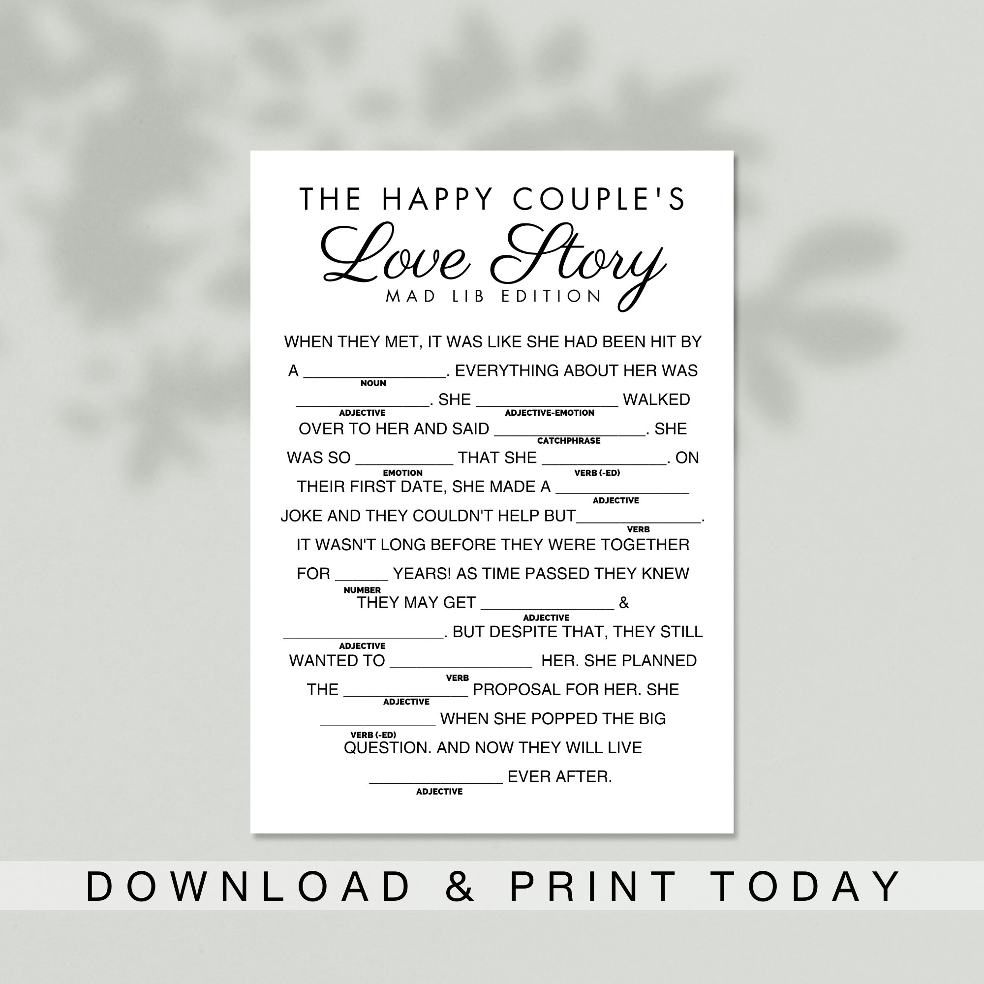 The Happy Couple's Love Story Mad Lib Fun Wedding Shower Games Wedding ...