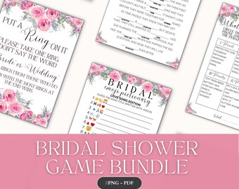 May include: A bridal shower game bundle with pink floral designs. The games include "Put a Ring On It", "Bridal Emojipictionary", and "What's in the Purse".