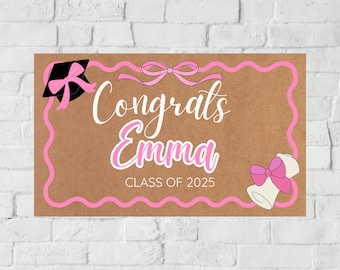 Plantilla de pancarta de graduación floral: Lazos femeninos, Clase de 2025 (Descarga digital, editable en Canva)