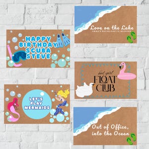 May include: A collection of brown rectangular cards with various designs. One card says "Happy Birthday Scuba Steve" with scuba gear. Another says "Let's Play Mermaids" with mermaid illustrations. Other cards have beach and ocean themes.
