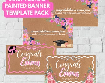 Plantilla de pancarta de graduación floral: Lazos femeninos, Clase de 2025 (Descarga digital, editable en Canva)