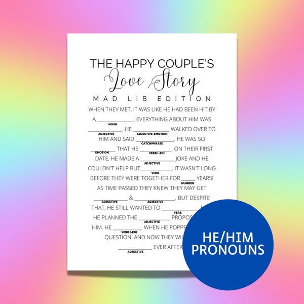 Printable Wedding Shower Game - The Happy Couple's Love Story Mad Lib - Printable / Instant Download - LGBTIA+ Collection - He/Him Pronouns