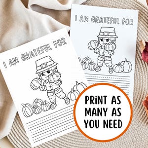 Könnte beinhalten: Schwarz-weiß druckbare Malvorlage mit einem Pilger, der Kürbisse hält. Die Seite hat den Text "Ich bin dankbar für" oben und linierte Felder zum Schreiben.