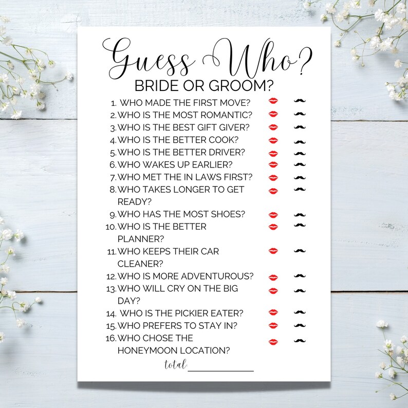 Printable Bridal Shower Game Guess Who Bride or Groom Minimalist Bridal