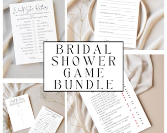 May include: A printable bridal shower game bundle with four different games. The games include "Would She Rather", "Advice for the Bride to Be", "Stuff the Dress", and "The Happy Couple's Love Story".