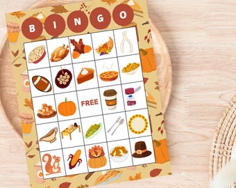 May include: A Thanksgiving bingo card with images of traditional Thanksgiving foods, decorations, and activities. The card has a free space in the center and is surrounded by a pattern of autumn leaves.