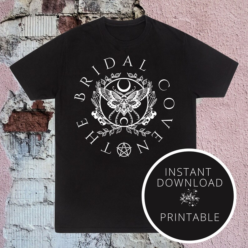 May include: Black t-shirt with a white graphic design of a moth, crescent moon, and pentagram. The text "The Bridal Coven" surrounds the design.