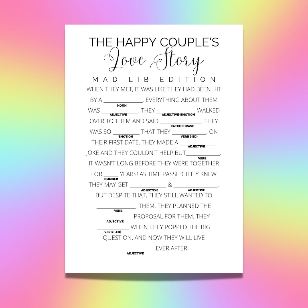 The Happy Couple's Love Story Mad Lib Edition - Wedding Shower Games ...