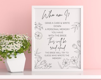 Printable Bridal Shower Game - Who Am I Bridal Shower Game - Minimalist Wedding Shower - Instant Download - Memory with Bride