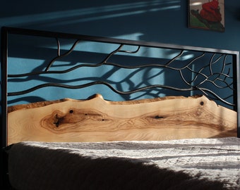 Metal bed with wooden headboard and live edge, Oak slab iron headboard