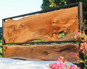 Live Edge Oak Headboard: Metal Frame, Black Epoxy Resin Inlay