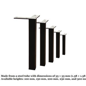 May include: Black steel table legs in various heights, made from 35 x 35 mm steel tubes. Available heights: 100 mm, 150 mm, 200 mm, 250 mm, and 300 mm. The legs have a right-angle design with a flat top.