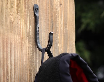 Wall Hook Wrought Iron, Hand Forged Blacksmith — Rustic Coat Hook, Natural or Black