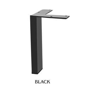 May include: A matte black metal furniture leg featuring an L-shaped mounting plate with four pre-drilled circular holes for attachment. The leg has a square, vertical column design and is labelled with the word BLACK at the bottom centre.