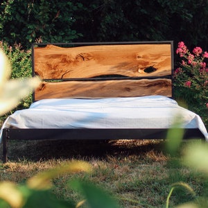 Live edge king bed, Wood and metal queen bed frame, Oak slab iron headboard