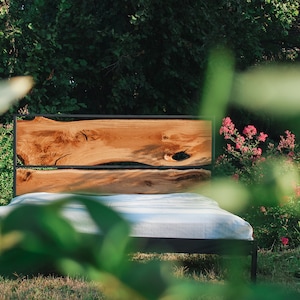 Metal Bed, Live Edge Oak Slab, Headboard with Double Oak Slab, Wood Slab Live Edge Bed, Iron frame wood headboard, Handmade  King bed.