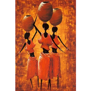 Puede incluir: Pintura abstracta que representa tres figuras con ropa naranja que llevan grandes ollas marrones sobre la cabeza. Las figuras están silueteadas sobre un fondo texturizado naranja y marrón. La obra evoca el patrimonio cultural y la vida cotidiana.