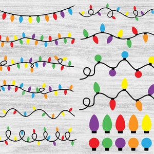 May include: A set of colorful Christmas lights in various styles, including straight lines, wavy lines, and individual bulbs. The lights are red, green, blue, yellow, orange, and purple.