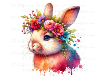 Floral Easter Bunny PNG: Flower Crown Rabbit, Spring Animal (Digital Download)