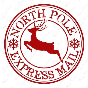 May include: Red rubber stamp with the words "North Pole Express Mail" in a circle around a red reindeer silhouette. There are snowflakes on either side of the reindeer.