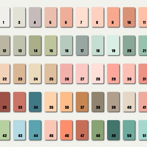 May include: A colour palette chart with 51 different colour swatches. The swatches are arranged in a grid of 5 rows and 11 columns. Each swatch is labelled with a number from 1 to 51.