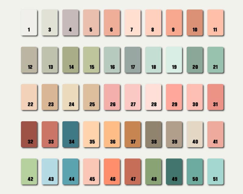 May include: A colour palette chart with 51 different colour swatches. The swatches are arranged in a grid of 5 rows and 11 columns. Each swatch is labelled with a number from 1 to 51.
