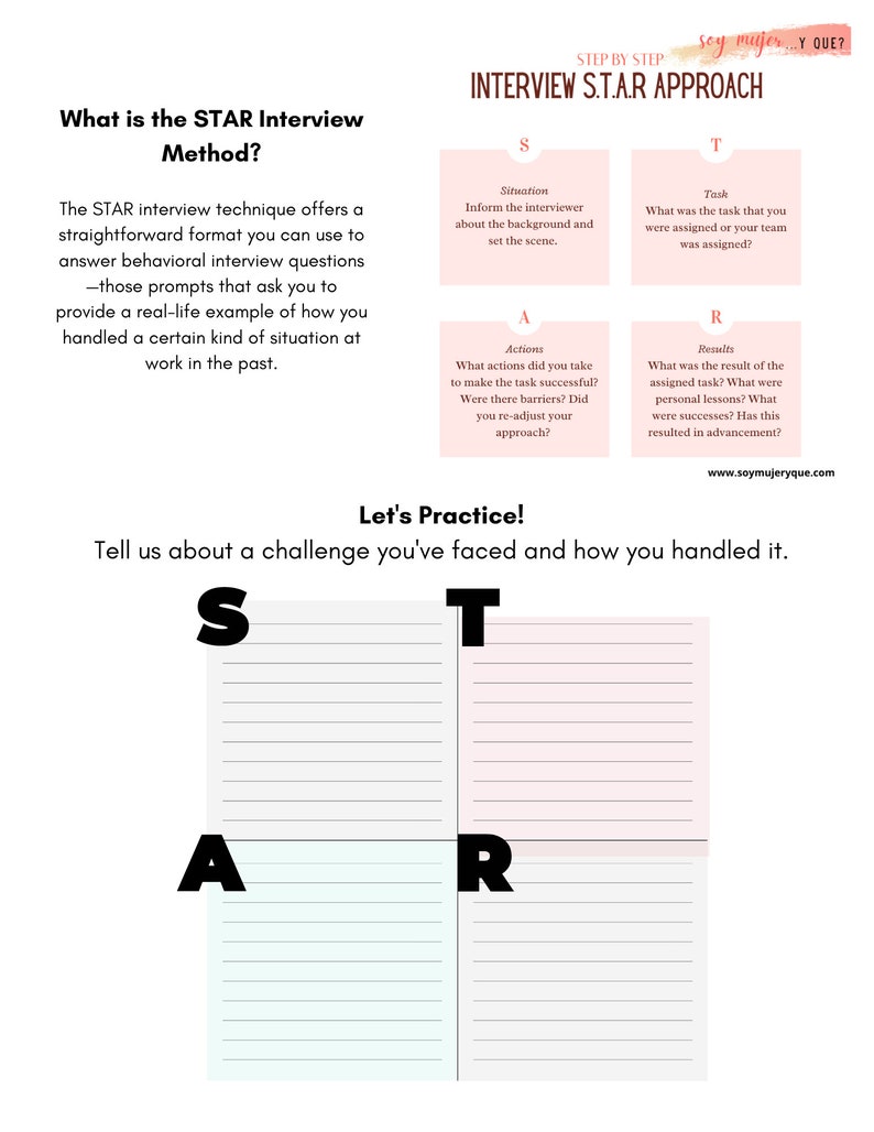 May include: A pink and white worksheet with the text "What is the STAR Interview Method?" and "Let's Practice! Tell us about a challenge you've faced and how you handled it." The worksheet is divided into four sections labeled "S", "T", "A", and "R". Each section has lined paper for writing.