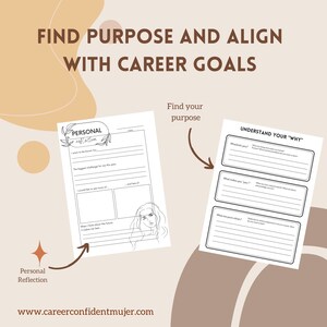 May include: Two worksheets with text: "FIND PURPOSE AND ALIGN WITH CAREER GOALS." One worksheet is titled "PERSONAL reflection" and the other "UNDERSTAND YOUR 'WHY'". The website address www.careerconfidentmujer.com is at the bottom.