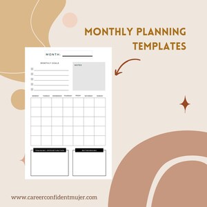 May include: A white monthly planning template with sections for goals, notes, and a calendar grid. The template includes sections for training opportunities and networking. The text "MONTHLY PLANNING TEMPLATES" is at the top.