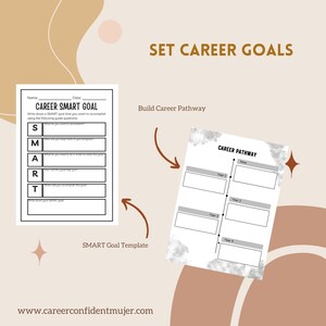 May include: A graphic with the text "SET CAREER GOALS" and two templates: a "CAREER SMART GOAL" worksheet and a "CAREER PATHWAY" chart. The SMART goal template includes prompts for goal setting. The website www.careerconfidentmujer.com is also displayed.