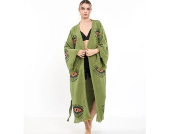 Orange Eye Green Kimono, Muslin Kimono, Cotton Caftan, Bridesmaid Gift, Organic Soft Bathrobe, Cotton Kimono, Muslin Boho Cardigan