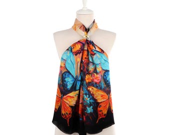 Butterfly Art Painting Silk Scarf Luxury Wearable Painting Square Neck Wraps Elegant Women Foulard Handcrafted Chic Shawl Gift