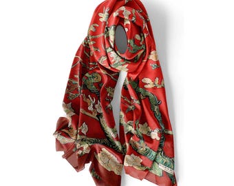 Almond Blossom Burgundy Silk Scarf, Masterpiece Foulard Luxury Wearable Art Neck Wraps Elegant Gift