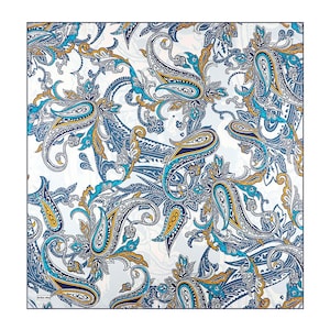 May include: A square scarf featuring a detailed paisley pattern in shades of bright blue, navy blue, and golden yellow on a white background. The design includes intricate swirling motifs and floral elements. The text BURSA IPEK is visible.
