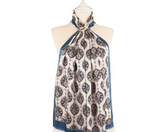 Hatai Turkish Pattern Silk Scarf Indigo Blue Skinny Neck Ties Luxury Women Foulard Geometric Unique Shawl Gift