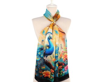 Peacock Art Painting Silk Scarf Luxury Wearable Painting Square Neck Wraps Elegant Women Foulard Handcrafted Chic Shawl Gift