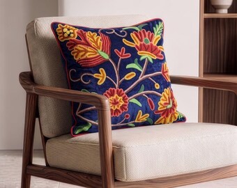 Navy Blue Velvet Embroidered Cushion Cover Luxury Boho Throw Pillow Case Elegant 40x40cm Elegant Home Decor Traditional Couch Accent