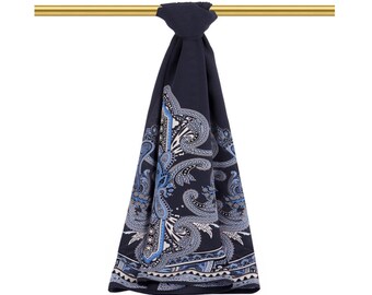 Royal Blue Silk Shawl Royal Pattern Crep Fabric Luxury Women Scarf Elegant Head Wraps Unique Premium Shawls