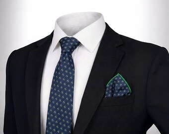 Navy Blue Patterned Silk Tie Set Luxury Mens Necktie Pocket Square Wedding Groom Gift