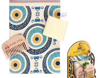 Evil Eye Turkish Bath Gift Set Luxury Hammam Spa Kit Towel Scrub Mitt Soap
