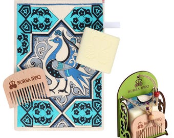 Peacock Turkish Bath Gift Set Luxury Hammam Spa Kit Towel Scrub Mitt Soap