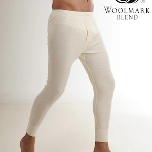 Men’s Merino Wool Thermal Pants, Winter Warm Wool Leggings, Waffle Knit Long Johns, Thermal Underwear for Men, Cream & Black