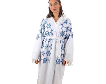 Turquoise Evil Eye Turkish Cotton Bathrobe Gold Printed White Luxury Spa Bath Robe