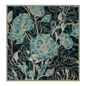 May include: A square silk scarf featuring a dark teal and black animal print background overlaid with large, detailed teal and beige floral illustrations. The design includes thin, light-colored outlines of flowers and leaves, with the text BURDA IPEK.