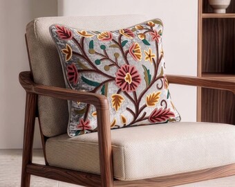 Gray Velvet Embroidered Cushion Cover Luxury Boho Throw Pillow Case Elegant 16x16" Elegant Home Decor Traditional Couch Accent
