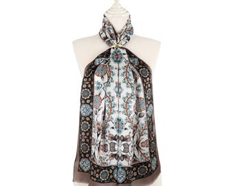 Seljuk Turkish Pattern Silk Scarf Mink Brown Skinny Neck Ties Luxury Women Foulard Geometric Unique Shawl Gift